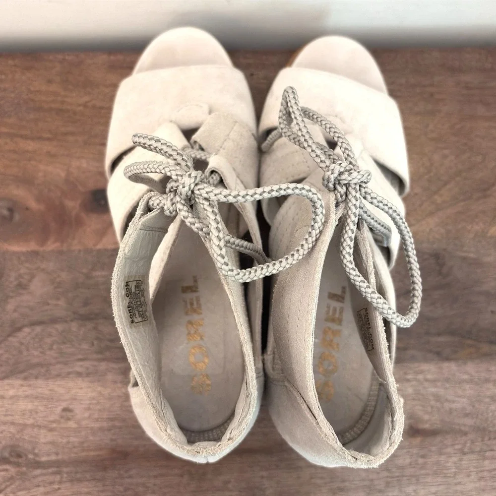 Sorel Wedge Sandals‎ Womens Gladiator Peep Toe Festival Beige Joanie Lace Up 8.5